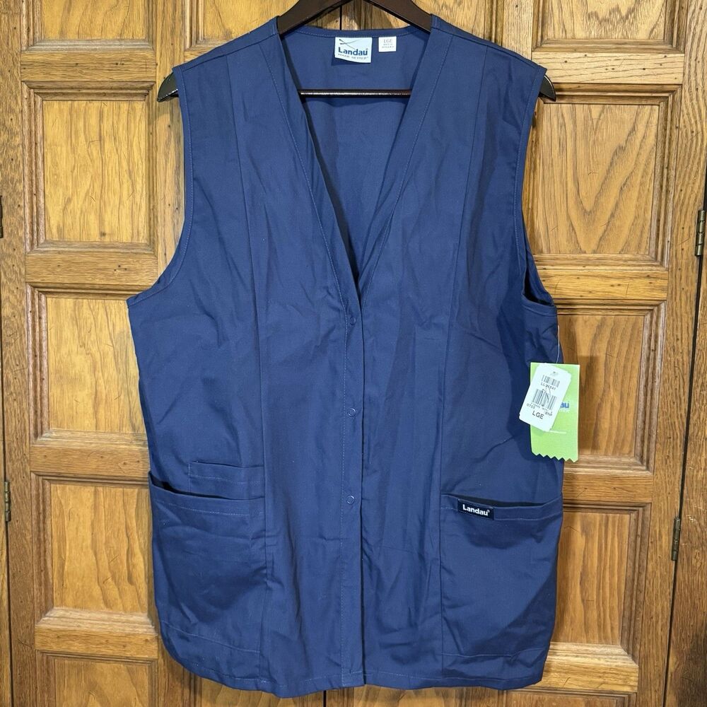 NWT Landau Vest Women's Large Navy Blue 3 Pockets Elastic Back Snap Scrub Top